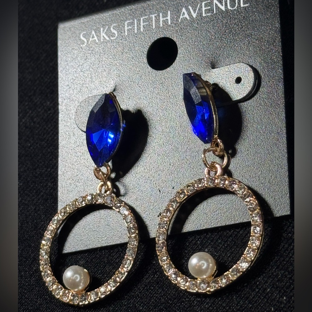 Saks Fifth Ave Blue Marquis Crystal Post Drop Pave Crystal Circle w/ Faux Pearl